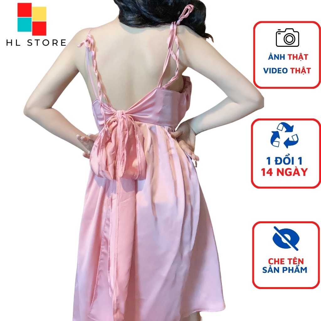 Váy ngủ sexy 2 dây xếp ly ngực cột nơ lưng Hải Lan Store, chất liệu lụa satin, freesize 40-65kg tùy chiều cao