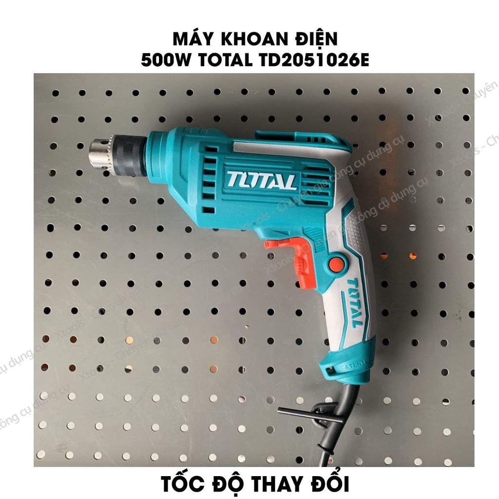 Máy khoan cầm tay TOTAL TD2051026E công suất 500w, tốc độ 3300rpm, khả năng khoan 1.0-10mm, có chỉnh tốc độ, điện áp 220