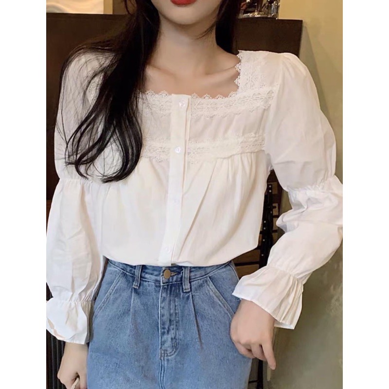 Áo sơ mi cổ vuông viền ren tay bo, hàng Quảng châu.Áo sơ mi bánh bèo