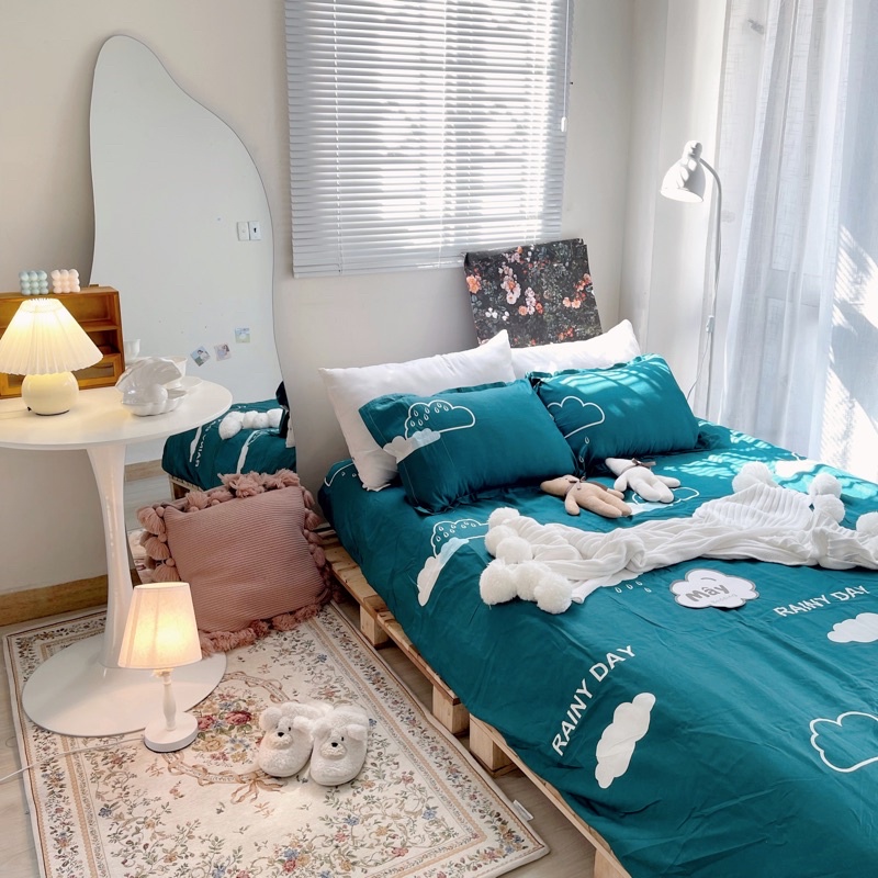Bộ ga gối Cotton Poly màu hồng đất hoạ tiết trái tim cầu vồng pastel MÂY BEDDING