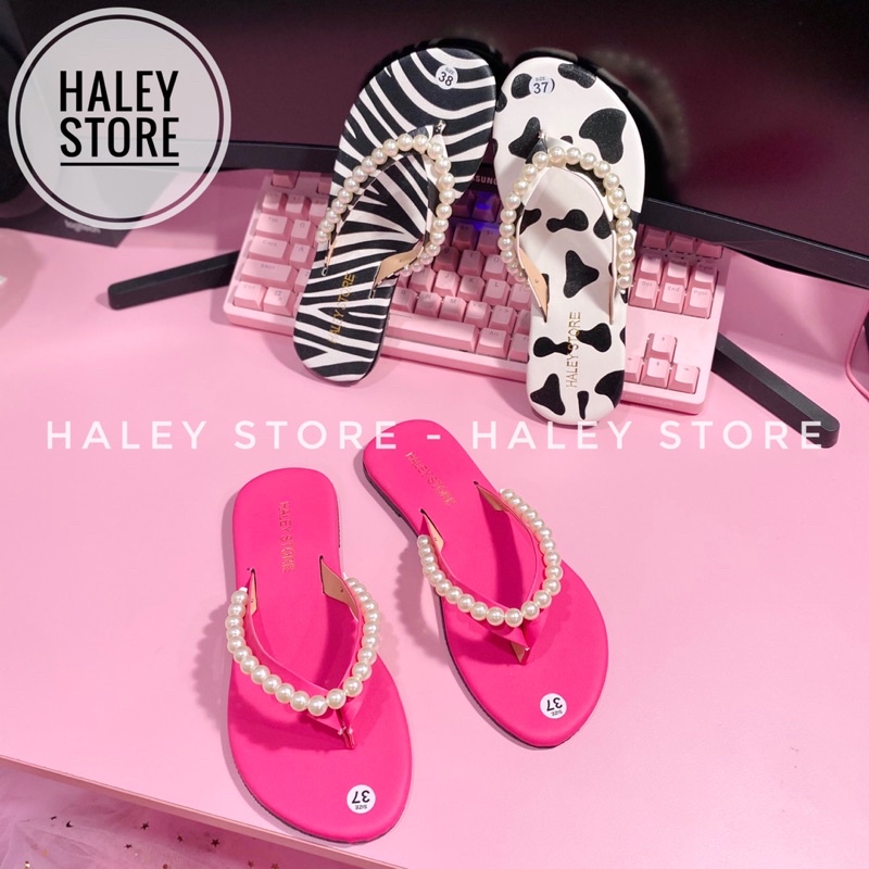 Dép nữ HALEY STORE đế bệt quai kẹp xỏ ngón đính ngọc nhiều màu bò sữa hồng hottrend đi đi chơi đi dạo đi biển