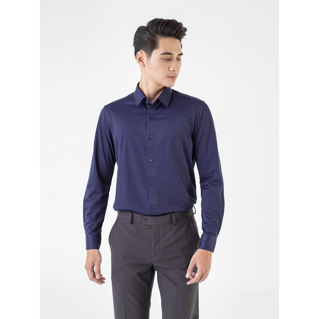 Áo Sơ Mi Nam Dài Tay ARISTINO ALS12009 Somi Công Sở Cao Cấp Màu Xanh Navy Kẻ Sọc Chìm Vải Sợi Knit Dáng Ôm Không Túi | BigBuy360 - bigbuy360.vn