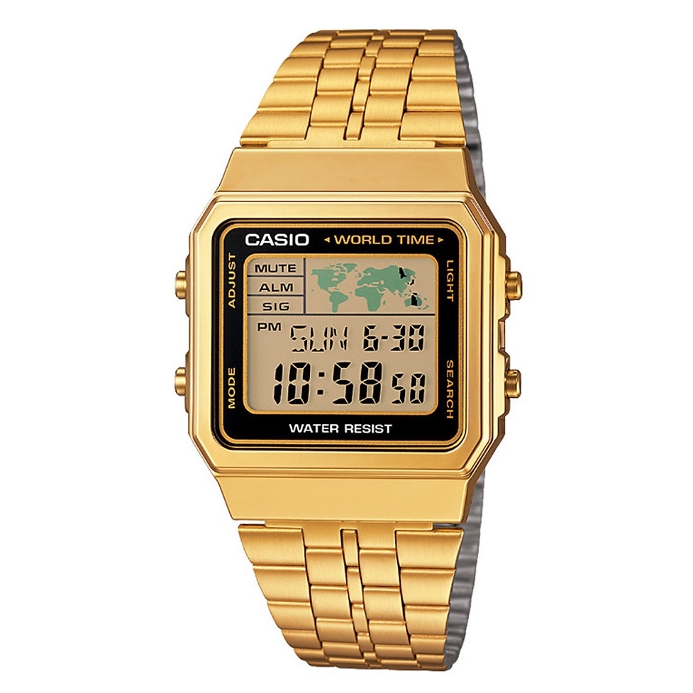 Đồng hồ nam/nữ Casio A500WGA-1 dây thép không gỉ, giờ thế giới, chống nước 50m, hàng chính hãng