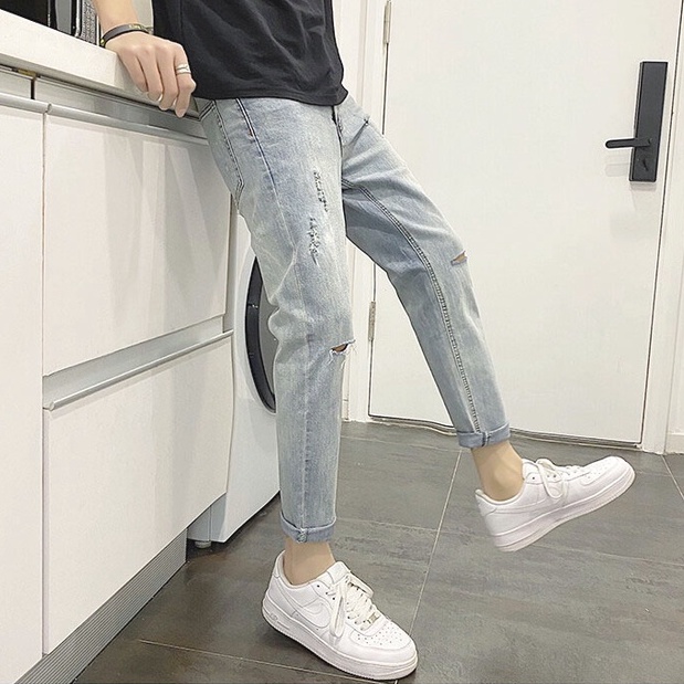 Quần jean nam rách gối xước màu ghi co giãn VNXK 1991 Pon.mens