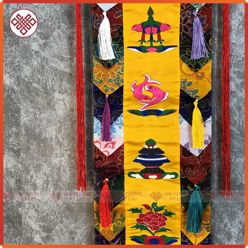 Phướn Bát Cát Tường  Mật Tông [Kim Cương Hỷ Lạc] 150x25cm Gấm Lụa