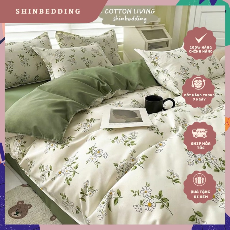 Set Vỏ Chăn Ga Cotton Poly Hoa Nhí Ga Xanh Siêu Xinh Shinbedding