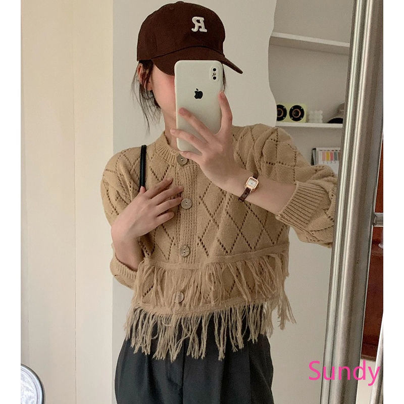 Áo Khoác Cardigan Dệt Kim Họa Tiết Kim Cương Phối Tua Rua Thời Trang Mùa Thu Cho Nữ