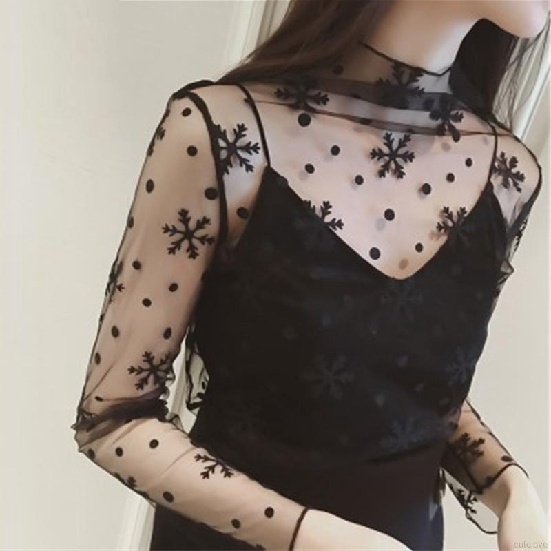 Sexy Blouse Long Sleeve Stand Collar Lace Shirt Mesh Net | BigBuy360 - bigbuy360.vn