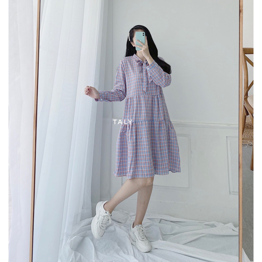 [Mã FAGREAT1505 giảm 8% tối đa 50K đơn 250K] Đầm caro thắt nơ cổ TALY D2511 | BigBuy360 - bigbuy360.vn