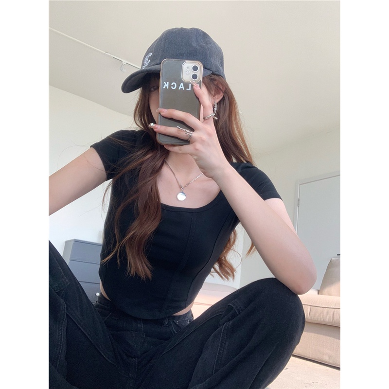 Cocory vn Áo Thun Crop Top Tay Ngắn Cổ Vuông Màu Trơn Thiết Kế Độc Đáo Thời Trang Quyến Rũ Cho Nữ