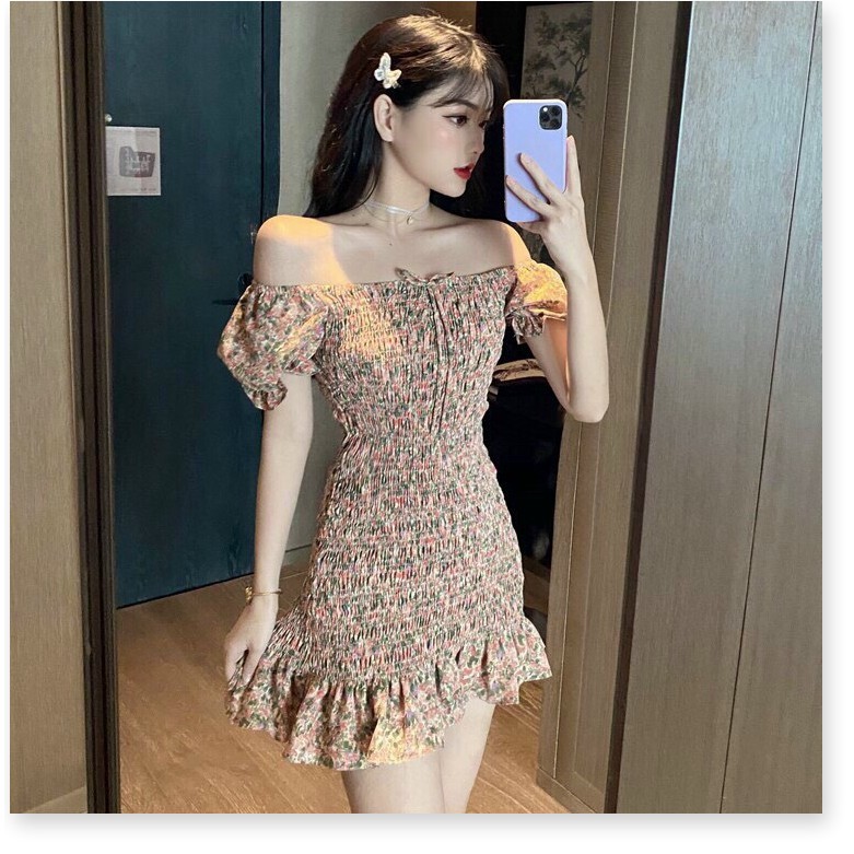 Đầm tiểu thư hoa nhí trễ vai tay ngắn, ôm body, đuôi xòe mặc đi chơi, đi tiệc bao xinh, chất vải đầy đặn