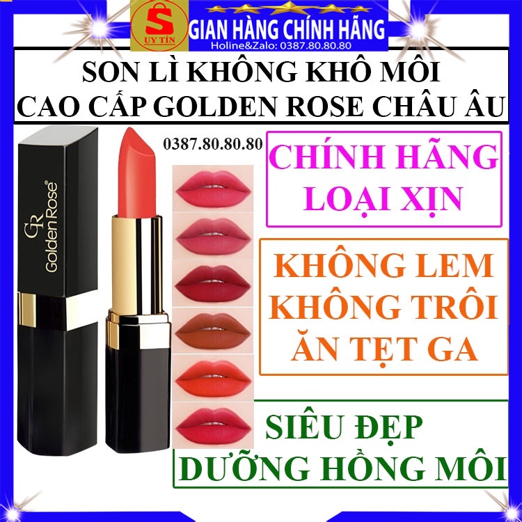 Son lì không khô môi không trôi khi ăn uống cao cấp xịn chính hãng Golden Rose dạng thỏi dưỡng môi hồng có màu đỏ cam