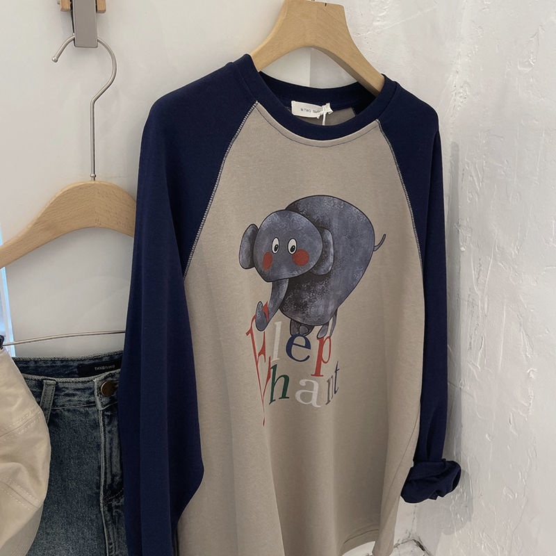 Jiashucheng Áo Thun Raglan Tay Dài Ghép Mảnh Dáng Rộng In Hình Voi Kích Thước Lớn mm Tuổi Thọ Cao Vừa Vặn Cho Nữ