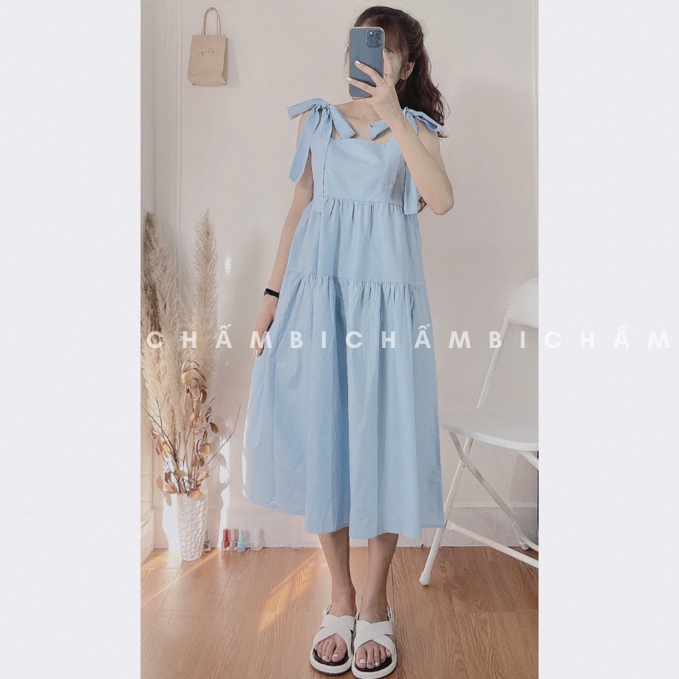 Váy babydoll Hàn Quốc V.079, Váy dáng dài 2 tầng xòe thắt nơ vai cực xinh | BigBuy360 - bigbuy360.vn
