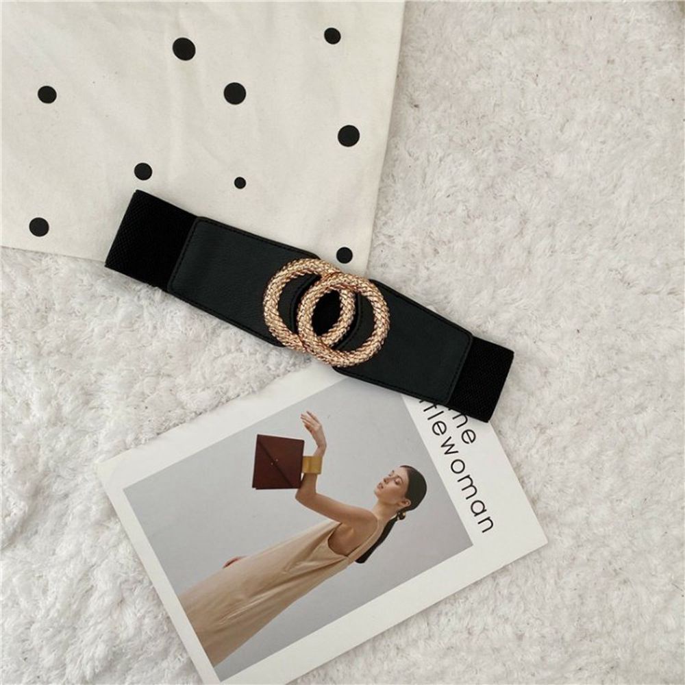 Thắt lưng da PU bản rộng phối khóa kim loại tròn phong cách cổ điển có thể điều chỉnh
