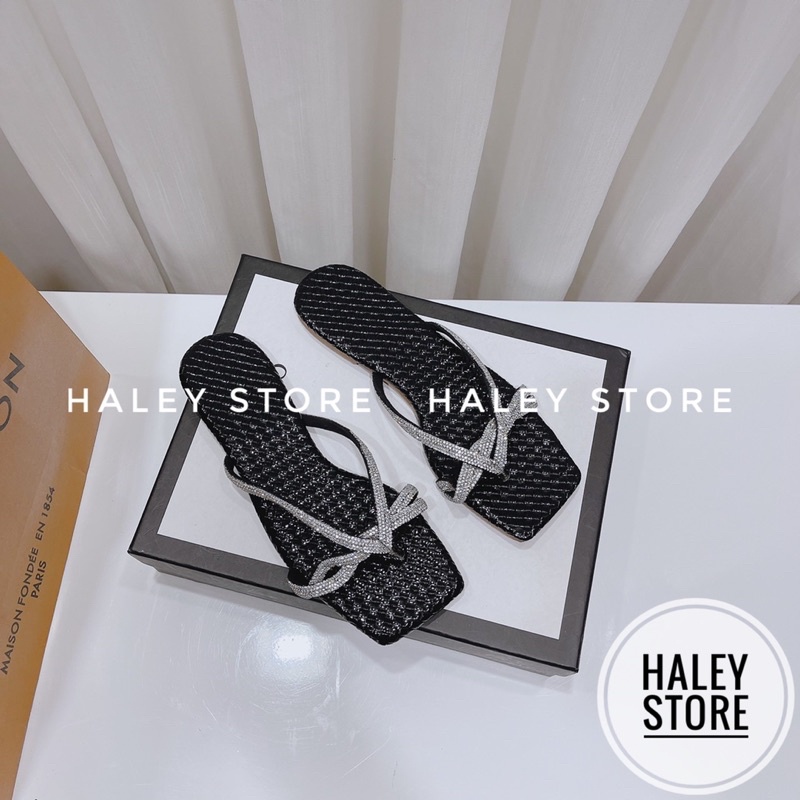 Dép nữ HALEY STORE mũi vuông kẹp xỏ ngón quai đính đá xoàn pha lê sáng lấp lánh sang trọng tiểu thư quai mảnh rẻ bền đẹp