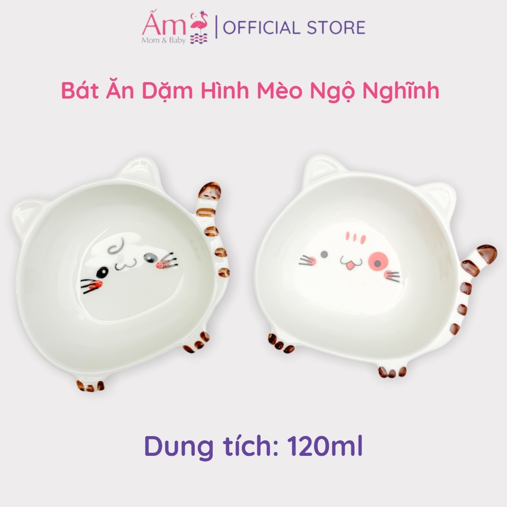 Bát Ăn Dặm Cho Bé Bằng Sứ Hình Mèo Tam Mao và Nhất Mao Ngộ Nghĩnh Ấm Gift Decor An Toàn Và Chịu Được Nhiệt Độ Cao