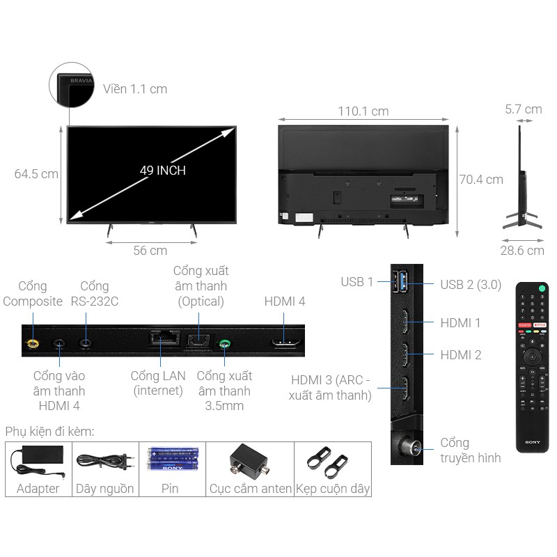 Android Tivi Sony 4K 49 inch KD-49X8000H Mới 2020 ( CHỈ GIAO HÀNG KHU VỰC HCM )