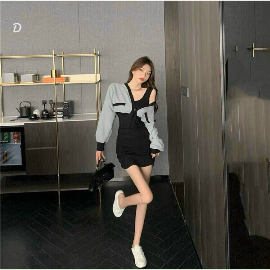[ Miễn phí ship 2022 ] Đầm thun kèm khoác gân ,  đầm ôm body áo cadigan ngoài phối màu phong cách hàn quốc trẻ trung