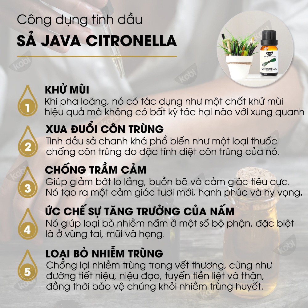 Tinh dầu Sả Java Kobi Citronella essential oil giúp khử mùi, thơm phòng, xua đuổi côn trùng hiệu quả - 100ml