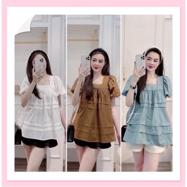 Set đồ nữ áo cổ vuông tay bồng, set bộ nữ áo xếp ly ngực quần đùi chất lụa siêu mát