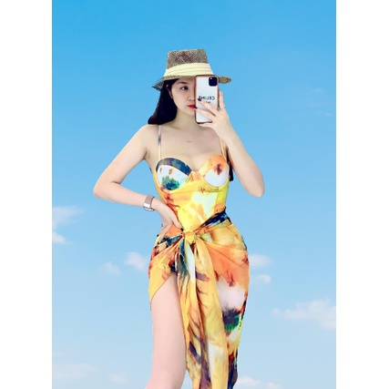 Bikini Đồ Bơi Nữ Một Mảnh Kèm Khăn Choàng Họa Tiết Gợn Sóng Màu Vàng Lửa/ Tím R3 | BigBuy360 - bigbuy360.vn