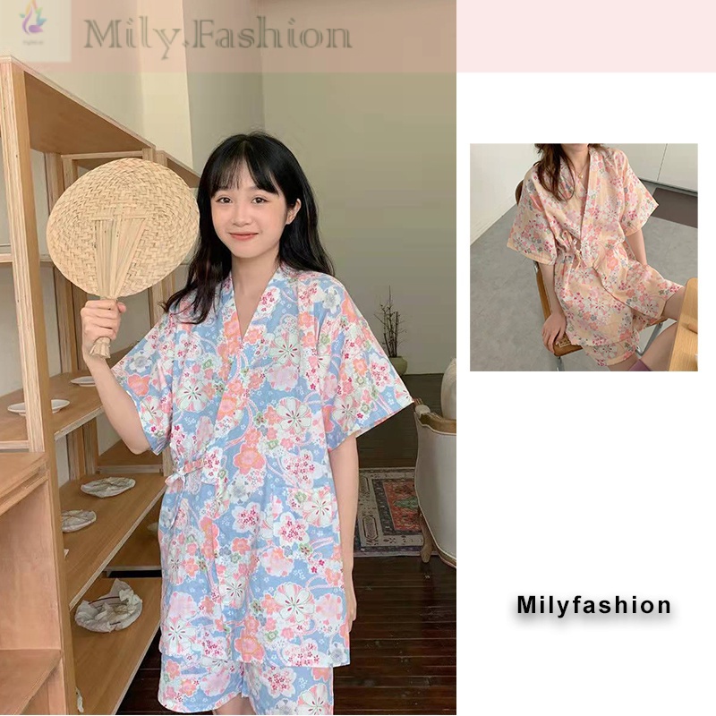 Bộ đồ mặc nhà kiểu Kimono Nhật Bản in hoa dễ thương