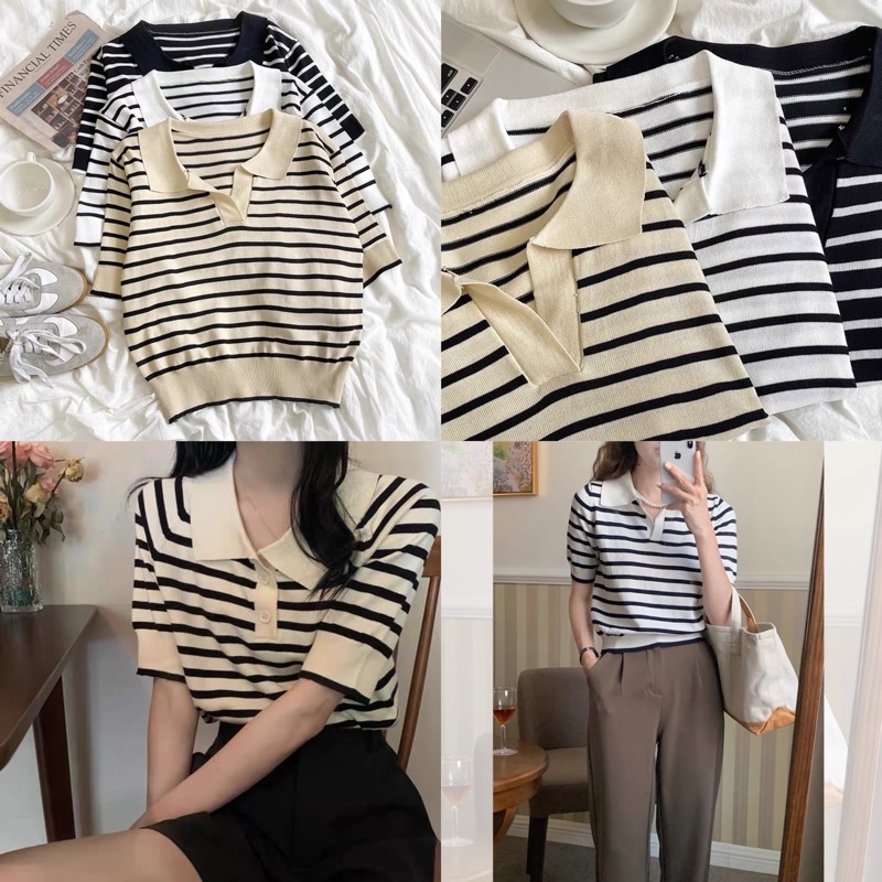 [Ảnh thật/Video]Áo len thu đông họa tiết  kẻ sọc Áo len croptop phong cách Hàn Quốc