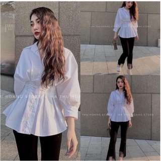 Áo sơ mi nữ trắng chiết siết eo sang chảnh, kết hợp quần ống loe