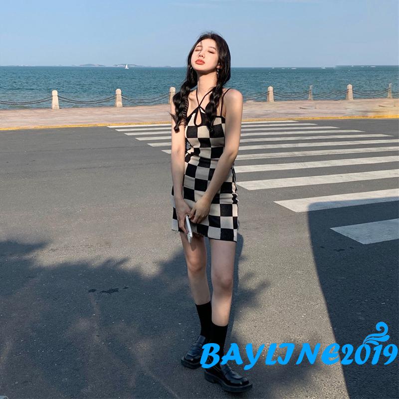 Váy body không tay họa tiết caro quyến rũ cho nữ