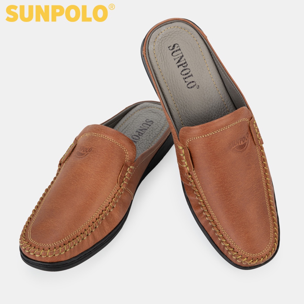 Giày sục dép nam Da bò cao cấp SUNPOLO đi làm, đi chơi Màu Nâu Bò/Rêu - SPO218