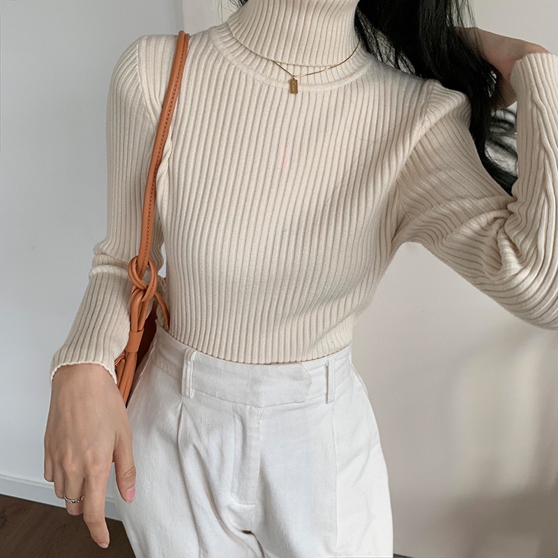 Áo len gân cao cổ dài tay màu be trơn basic