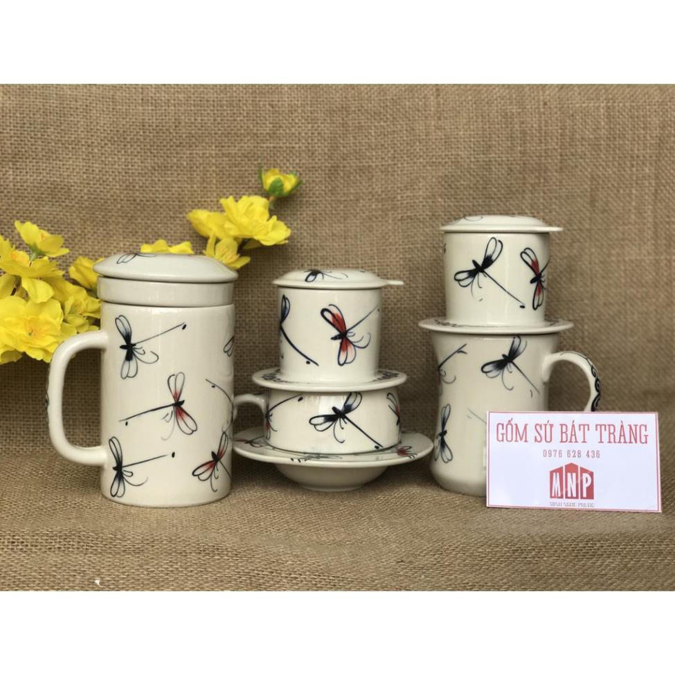 Bộ 3 cốc lọc trà- cafe phin- cafe sữa sứ Bát Tràng hoa văn chuồn chuồn