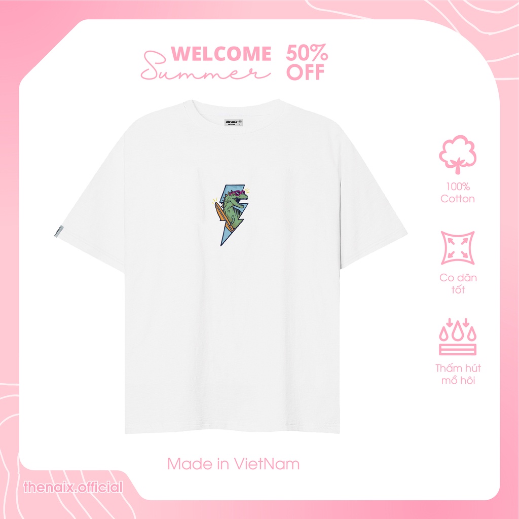 Áo Thun Nam Nữ Unisex Dáng Oversize Vải 100% Cotton In Hình Dinosaur Màu Trắng
