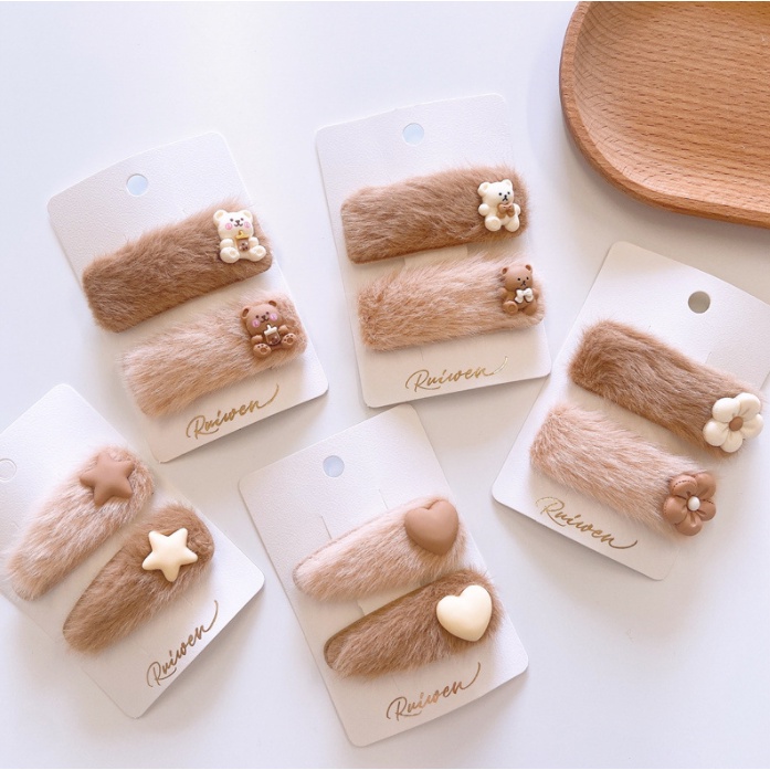 bộ combo set 2 chiếc cặp tóc lôngmàu vintage họa tiết xinh xắn dễ thương phong cách Hàn Quốc