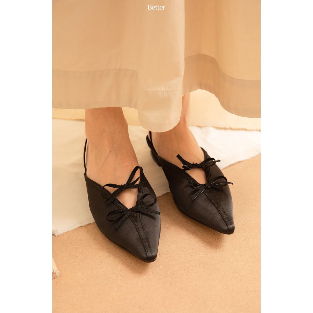 Giày vải mũi nhọn Slingback đen, 2 nơ vải ngang - better - 100821002