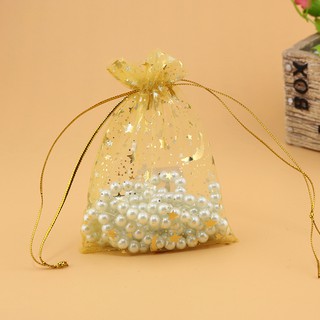 Túi vải voan màu vàng nhũ trăng sao có dây rút kích thước 9x12cm