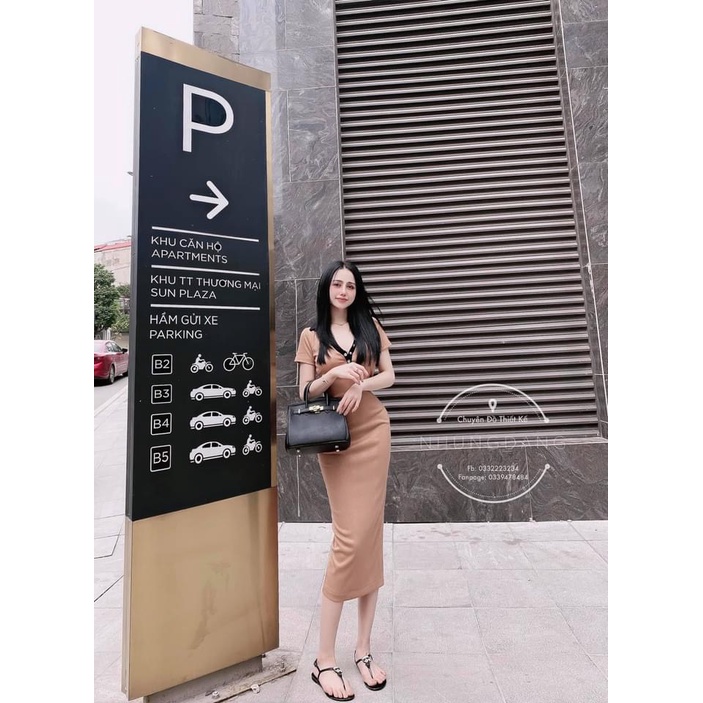 Đầm body dáng dài cổ họa tiết cúc bấm, váy ngắn tay chất thun gân co giãn tốt | BigBuy360 - bigbuy360.vn