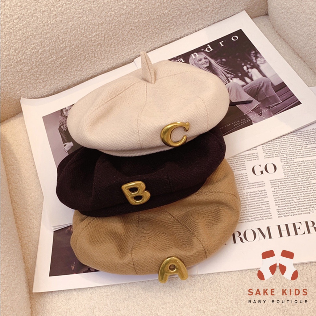 Mũ nồi cho bé - Mũ nồi len beret siêu xinh có dây rút chất vải kaki chữ ABC có chóp củ cải Styte Hàn Quốc MN01