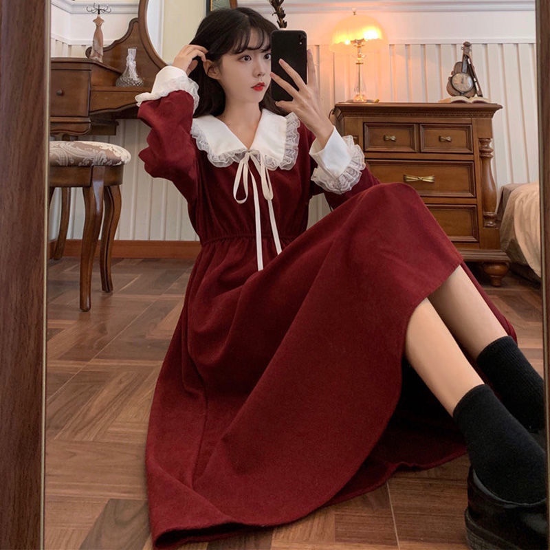 Đầm Giáng Sinh Màu Đỏ Tay Dài Ôm Eo Phong Cách Hepburn Plus Size