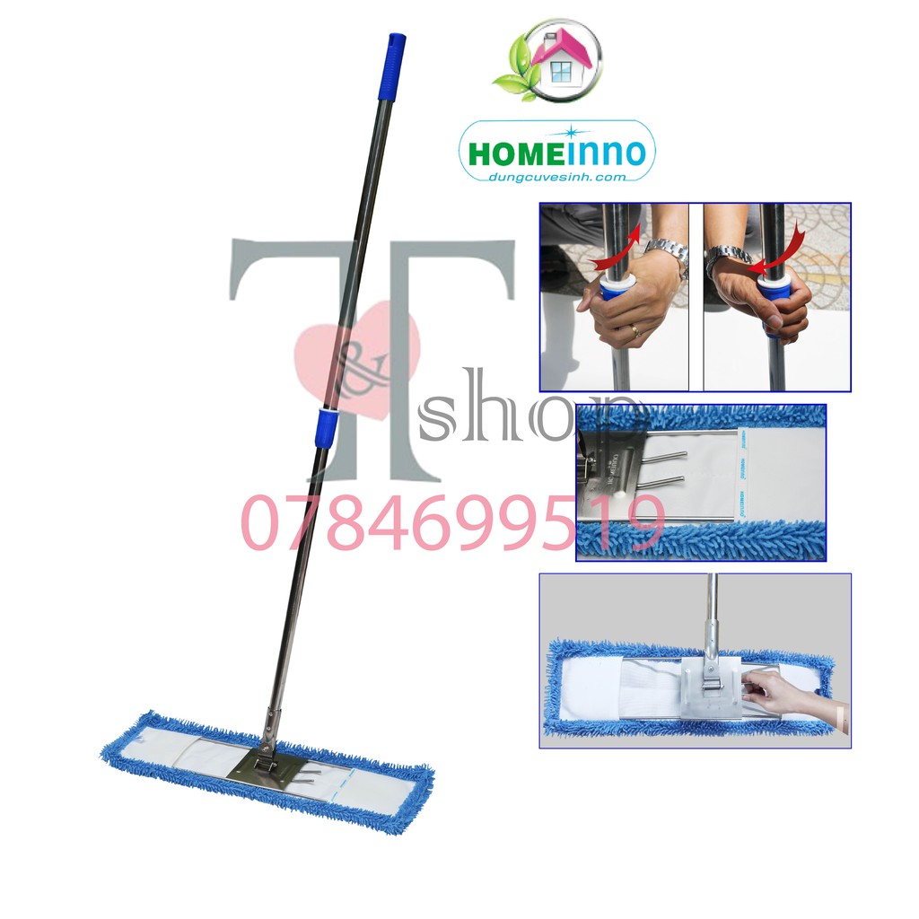 Cây Lau Nhà Công Nghiệp Gọng Inox Microfiber San Hô 60cm Homeinno Cán Rút Loại Bẻ Kích Thước 85-150cm (Có Sẵn Tấm Lau)