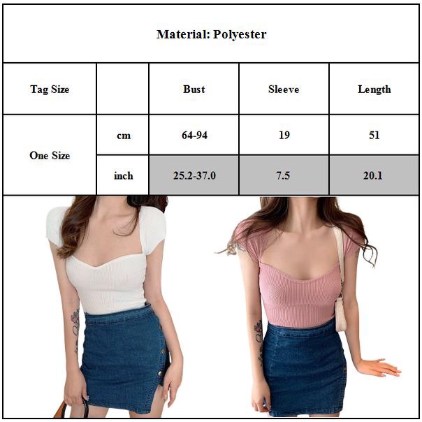 Áo thun dệt kim tay ngắn cổ vuông màu sắc phong cách thanh lịch thời trang