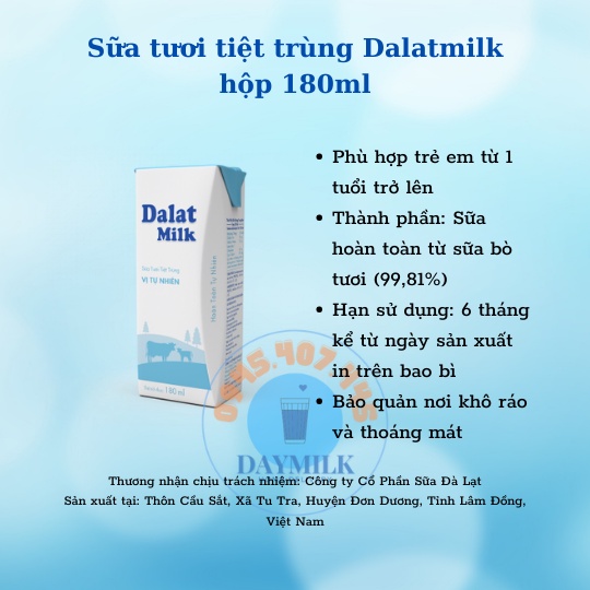 Lốc 4 hộp Sữa Tươi tiệt trùng UHT Dalat Milk 180ml