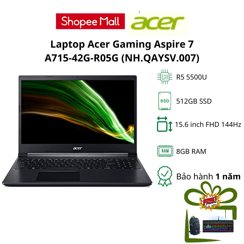 Laptop Acer Aspire 7 A715-42G-R05G/AMD R5 5500U/RAM 8GB/512GB SSD/GTX 1650/15.6" FHD