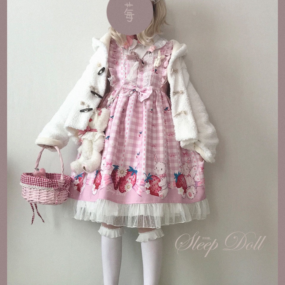 Đầm Lolita Phối Ren Họa Tiết Dâu Tây Xinh Xắn Phong Cách Vintage