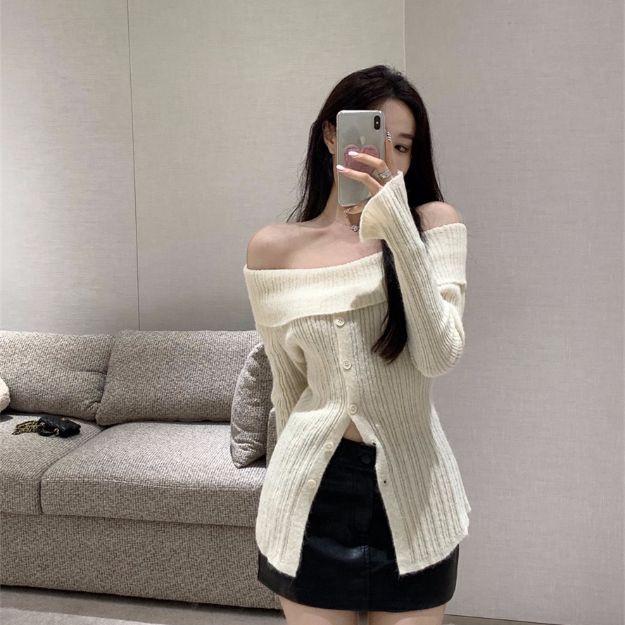 Áo Dệt Kim Tay Dài Trễ Vai Thiết Kế Xẻ Quyến Rũ