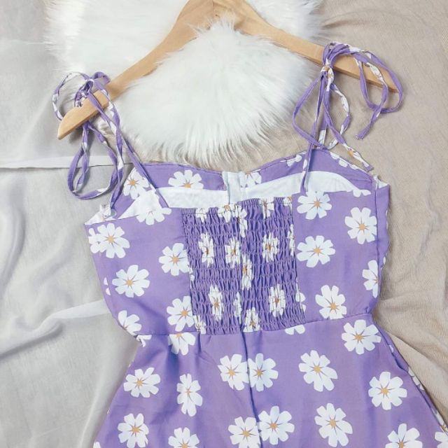 Đầm tím 2 dây hoa cúc rã ngực nhún thun