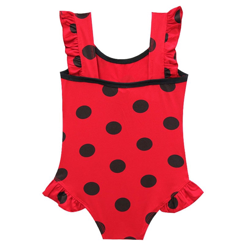 Kids Girls Swimsuit Black Dot Printed Bow Ruffle One Piece Beach Costume Swimming