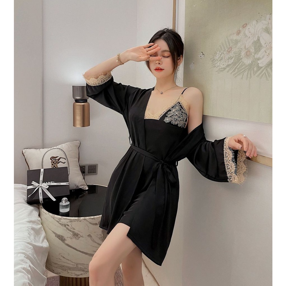 Áo Choàng Tắm Tay Dài Bằng Lụa Lạnh Phối Ren Quyến Rũ Thời Trang Xuân Hè Mới Cho Nữ