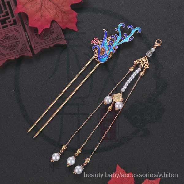 Kẹp tóc hình chim công xanh dương phối tua rua kiểu cổ điển phong cách Trung Hoa